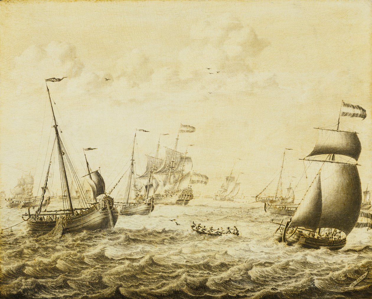 Nizozemský lov sleďů, konec 17. století (grisaille na desce) od Adriaen or Abraham Salm