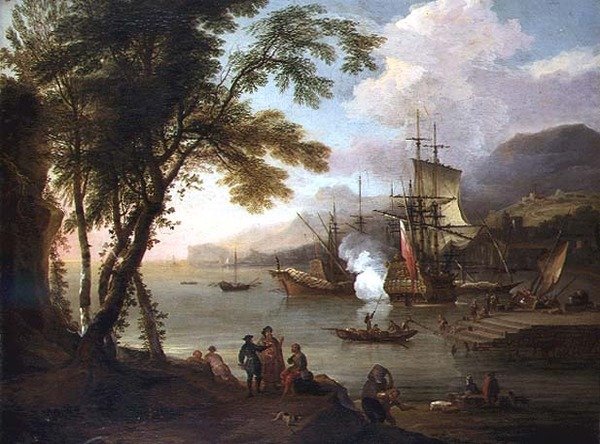 Capriccio středomořského přístavu s lodní dopravou, obchodníky a doky od Adriaen van Diest