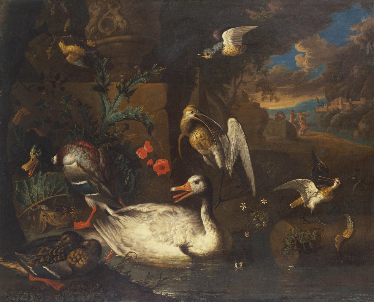 Divoká drůbež v krajině a figurách (olej na plátně) od Adriaen van Oolen