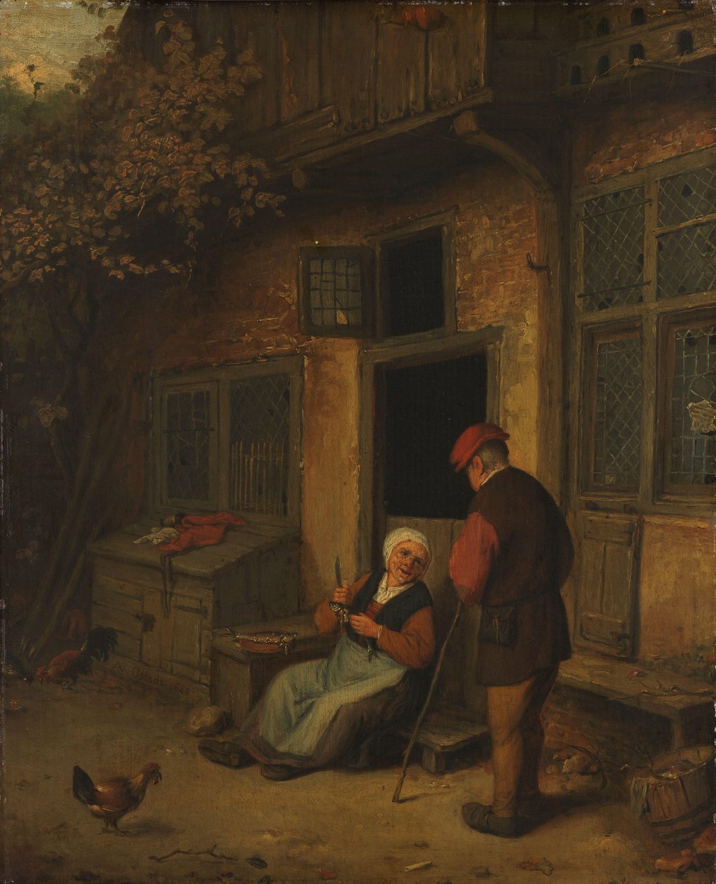 Žena, která vykuchává sledě před svým domem od Adriaen van Ostade (copy after)