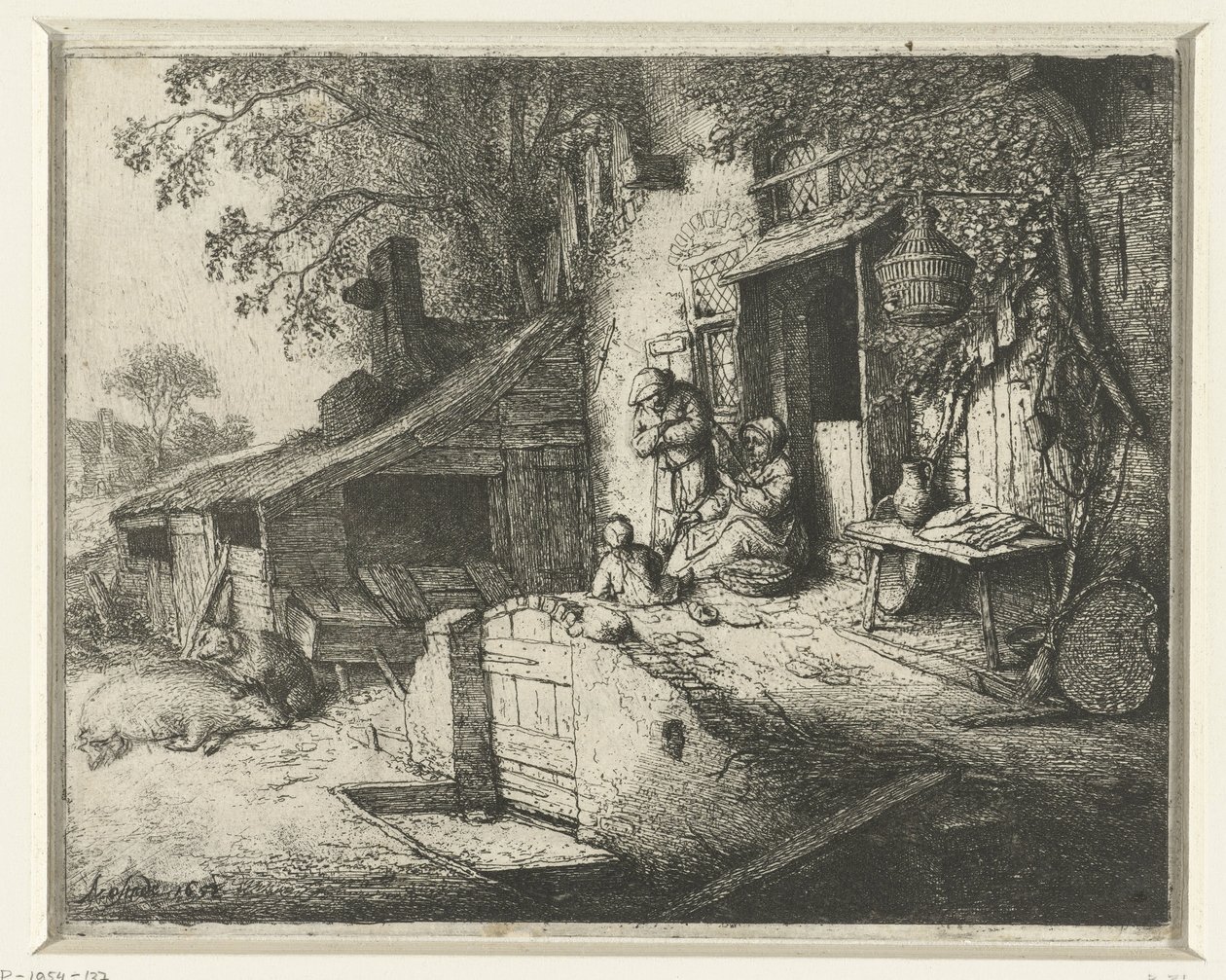 Točící se žena před domem Točící se žena u dveří od Adriaen van Ostade (signed by artist)