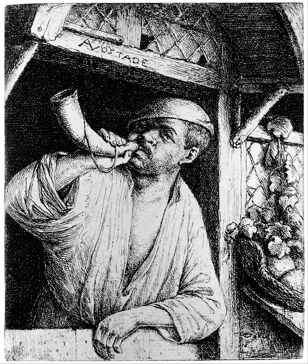 Pekař troubí na roh od Adriaen van Ostade