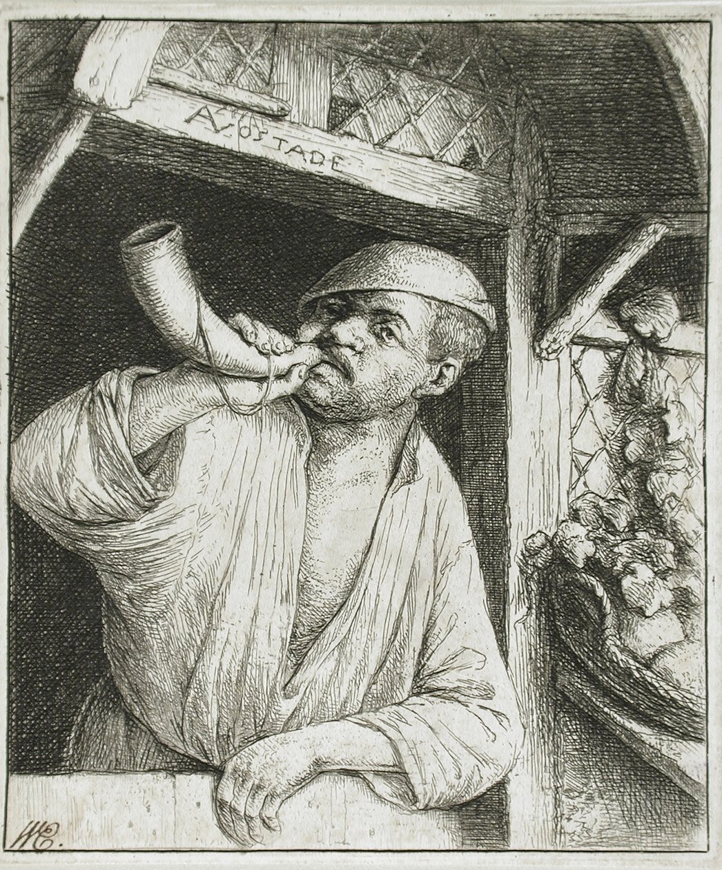 Pekař troubící na roh od Adriaen van Ostade