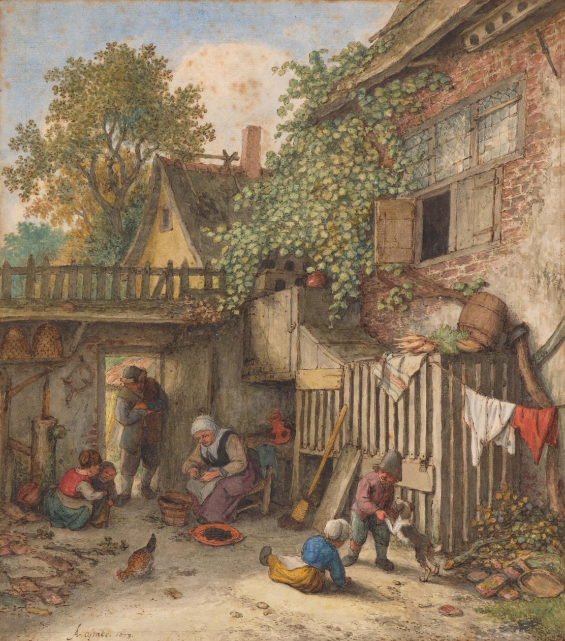 Vnitřní dvůr, kde žena čistí mušle od Adriaen van Ostade