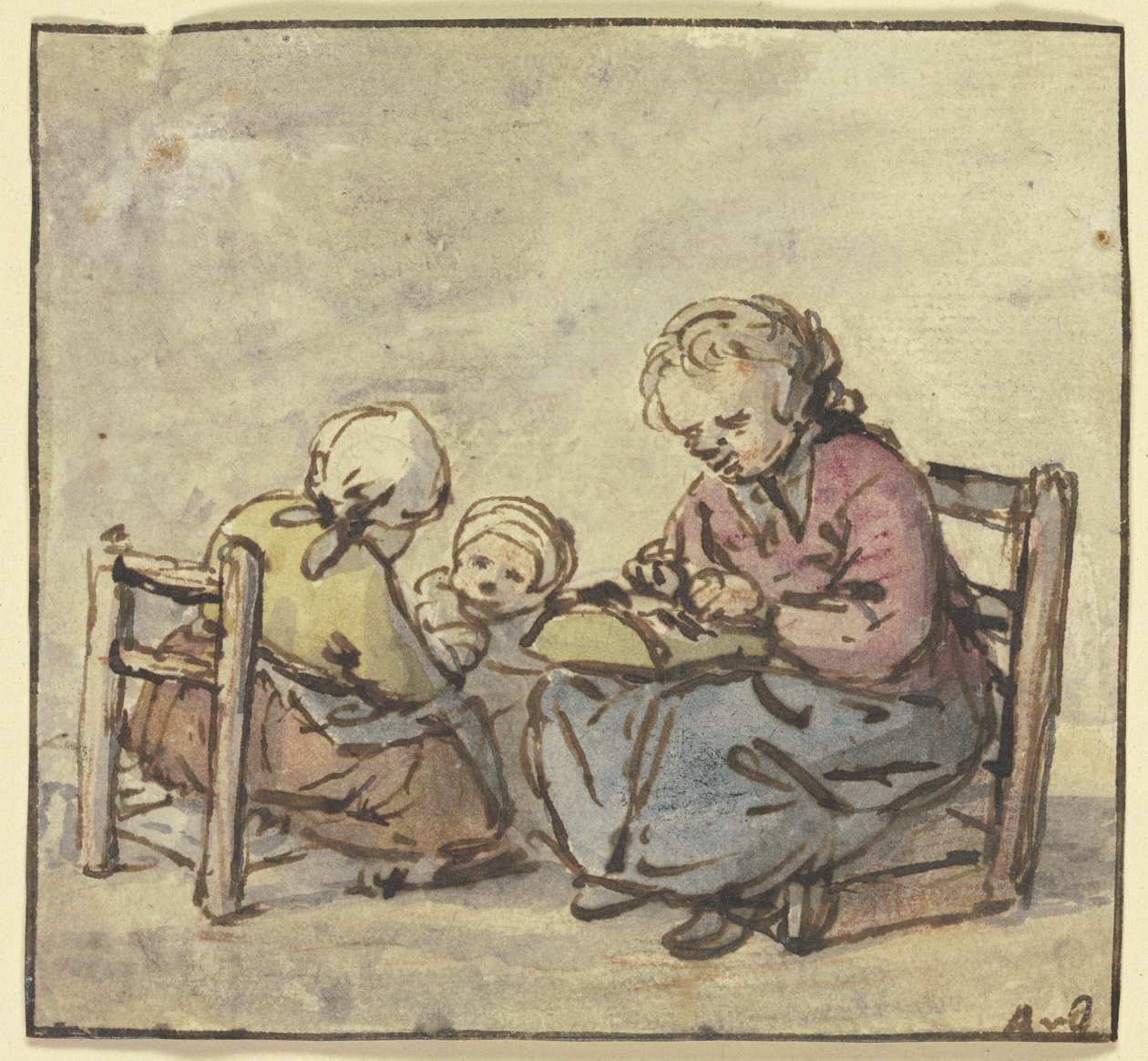 Tři dívky, nejstarší paličkuje krajku od Adriaen van Ostade