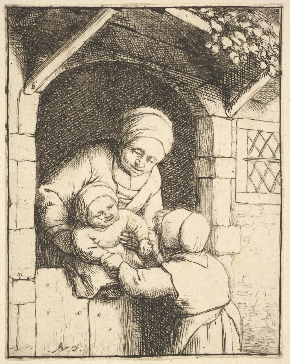 Holčička si hraje s dítětem v matčině náručí, 1610-85. od Adriaen van Ostade