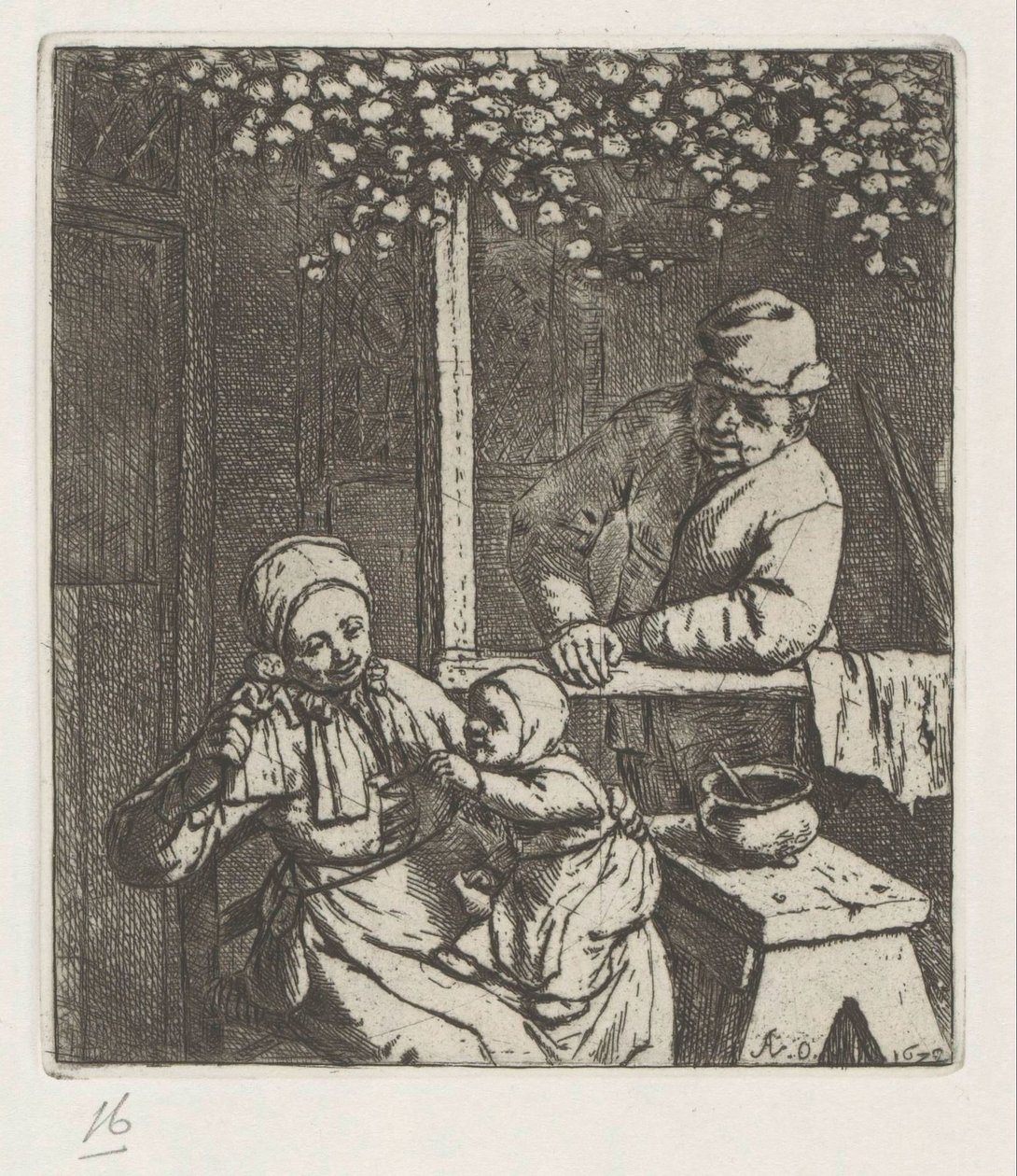 Matka s dítětem na klíně natáhla ruku k panence od Adriaen van Ostade