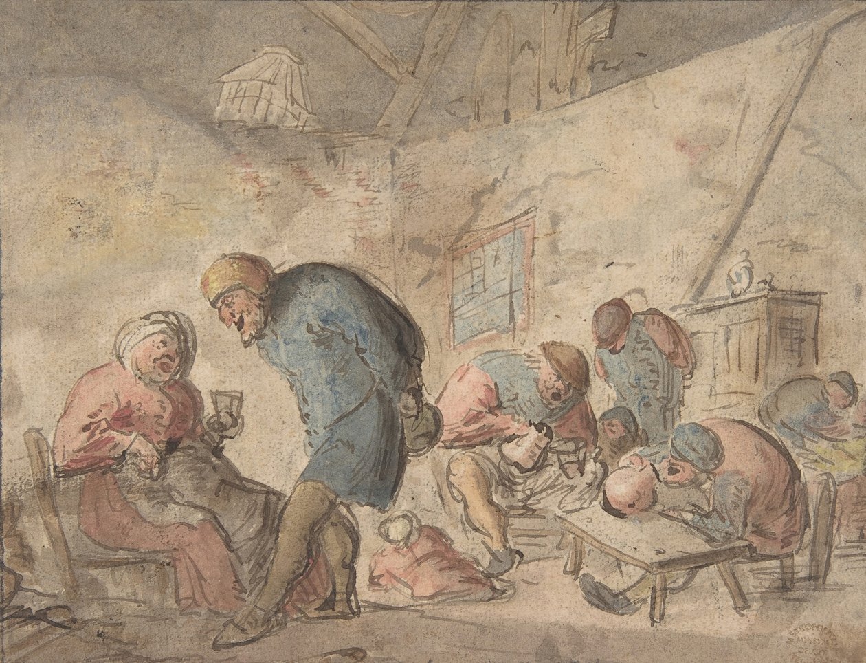 Sedláci pijí, verso: náčrtky sedláků, 1610-85. od Adriaen van Ostade.
