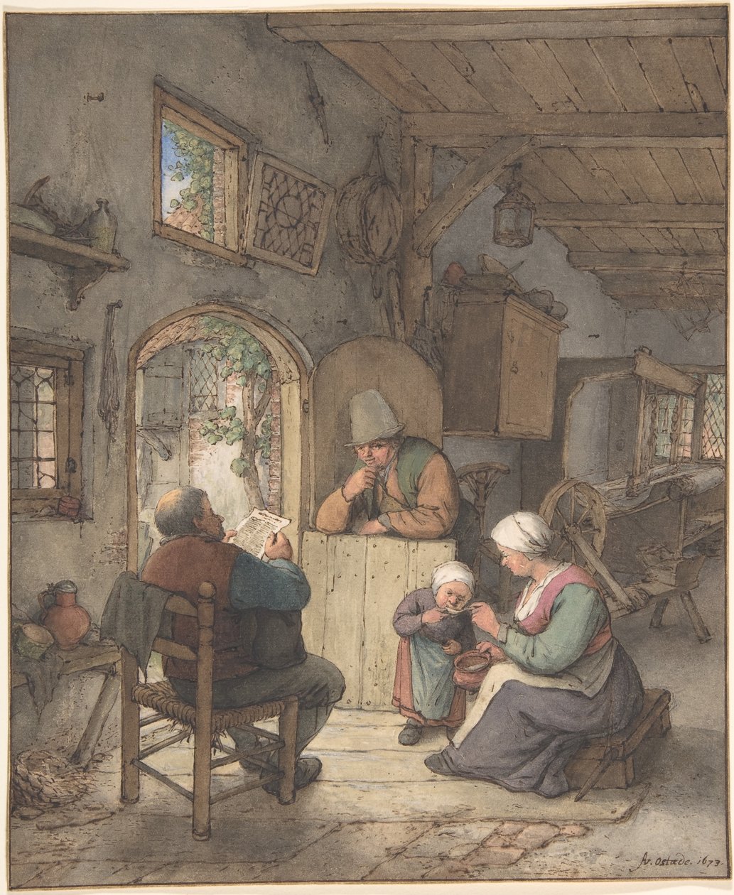 Čtení zpráv v chalupě tkalců od Adriaen van Ostade