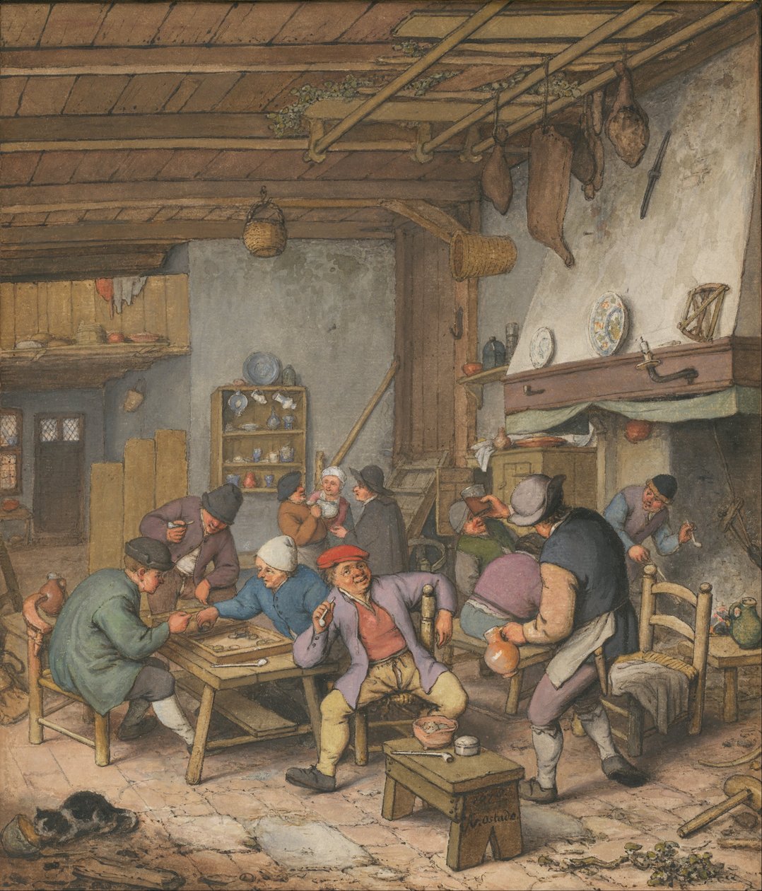 Pokoj v hostinci s rolníky, kteří popíjejí, kouří a hrají Backgam, 1678 od Adriaen van Ostade