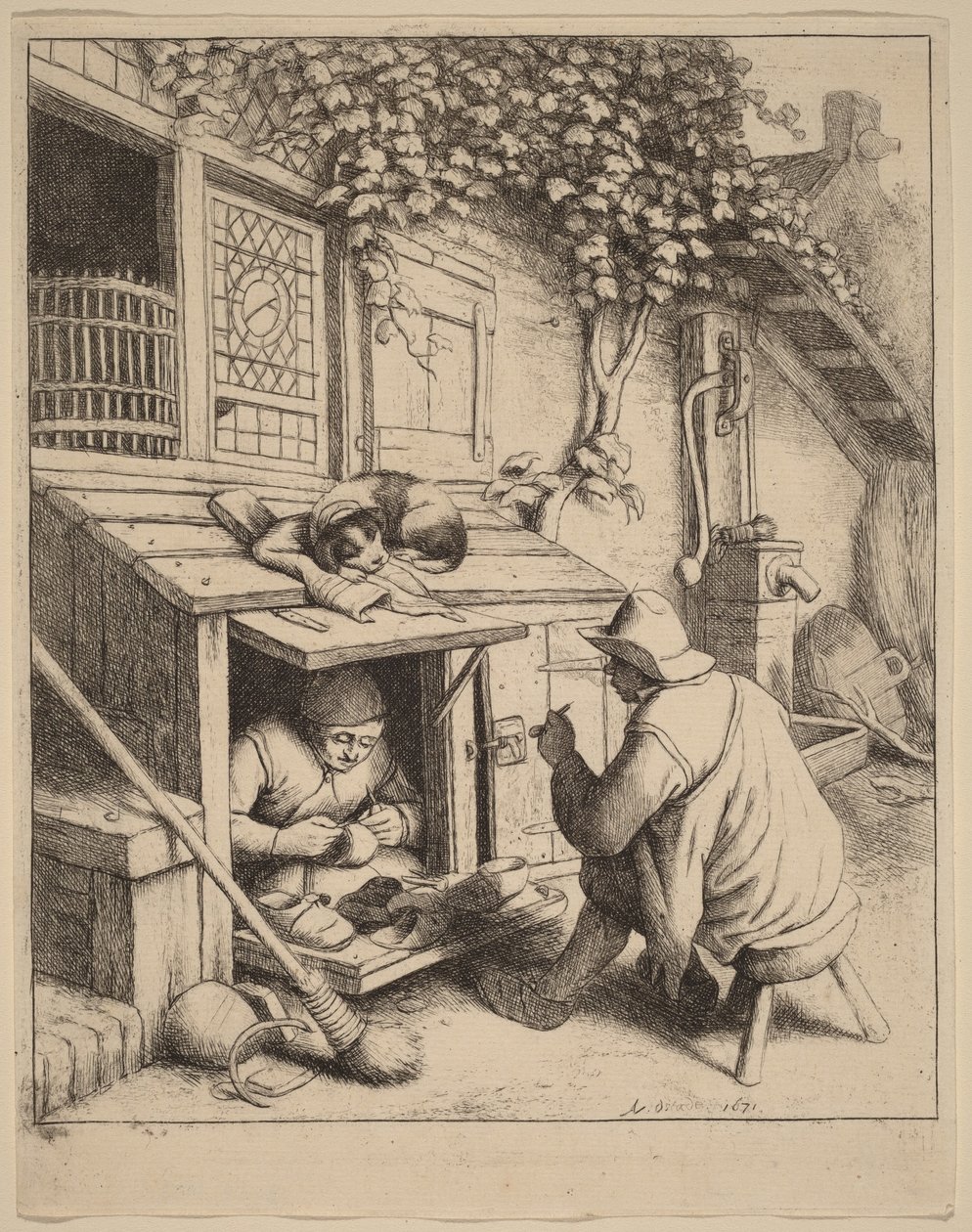 Kuřák na stoličce hovořící s pracujícím ševcem od Adriaen van Ostade