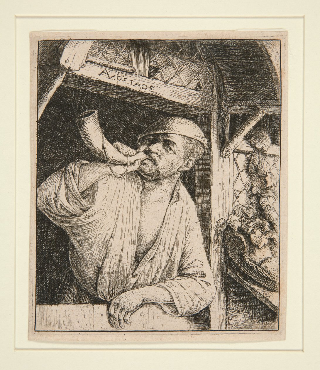 Pekař troubí na roh od Adriaen van Ostade