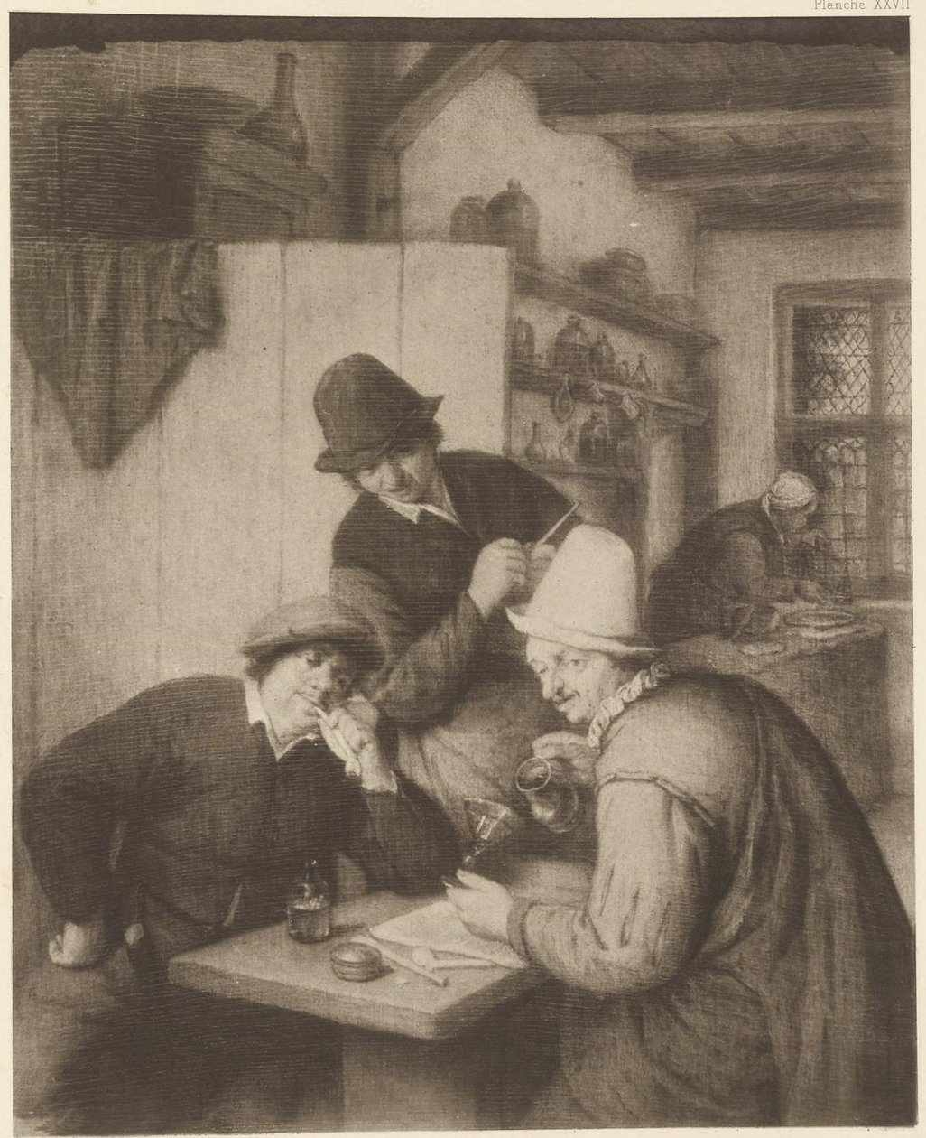 Tři rolníci a žena u stolu od Adriaen van Ostade