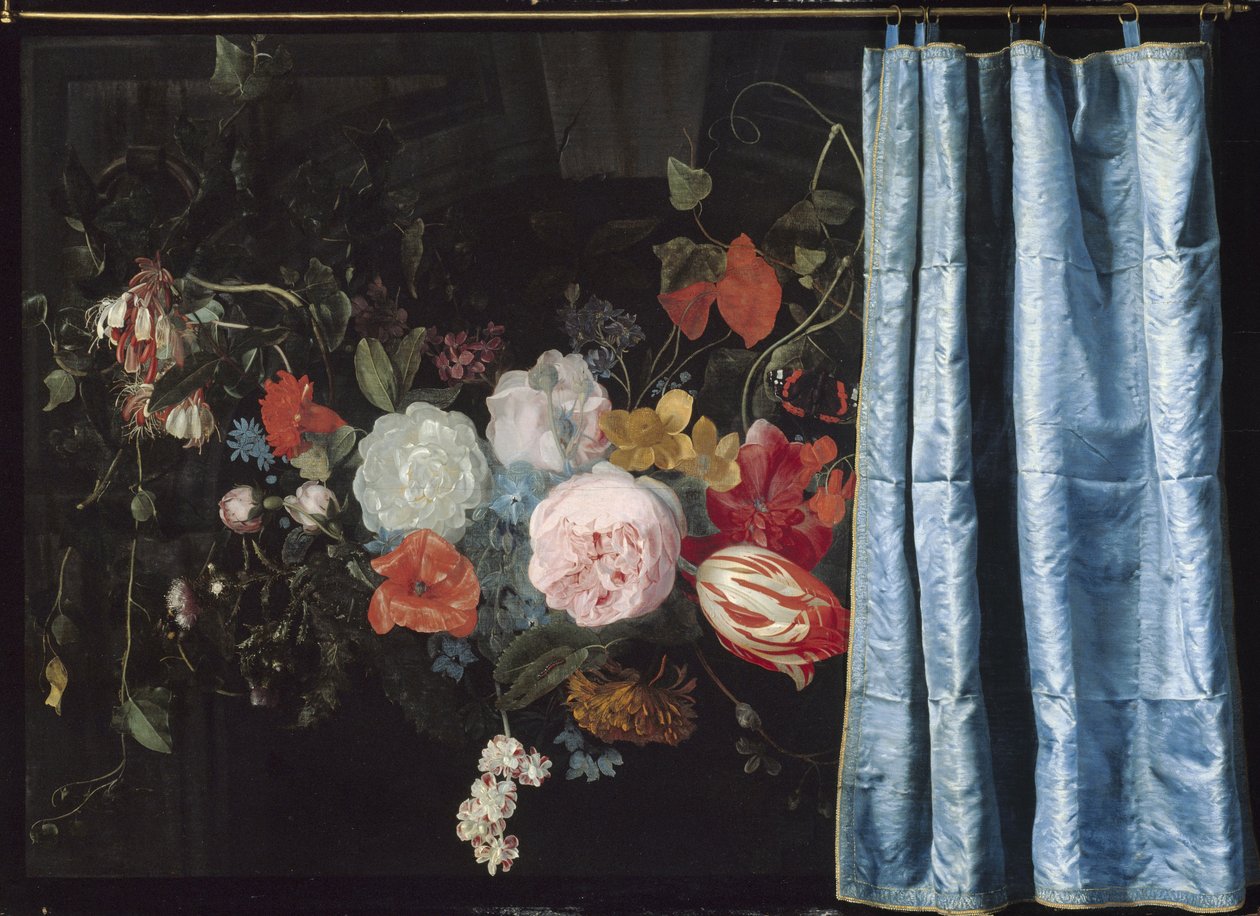 Trompe-l"Oeilové zátiší s květinovou girlandou a závěsem, 1658 od Adriaen van Spelt