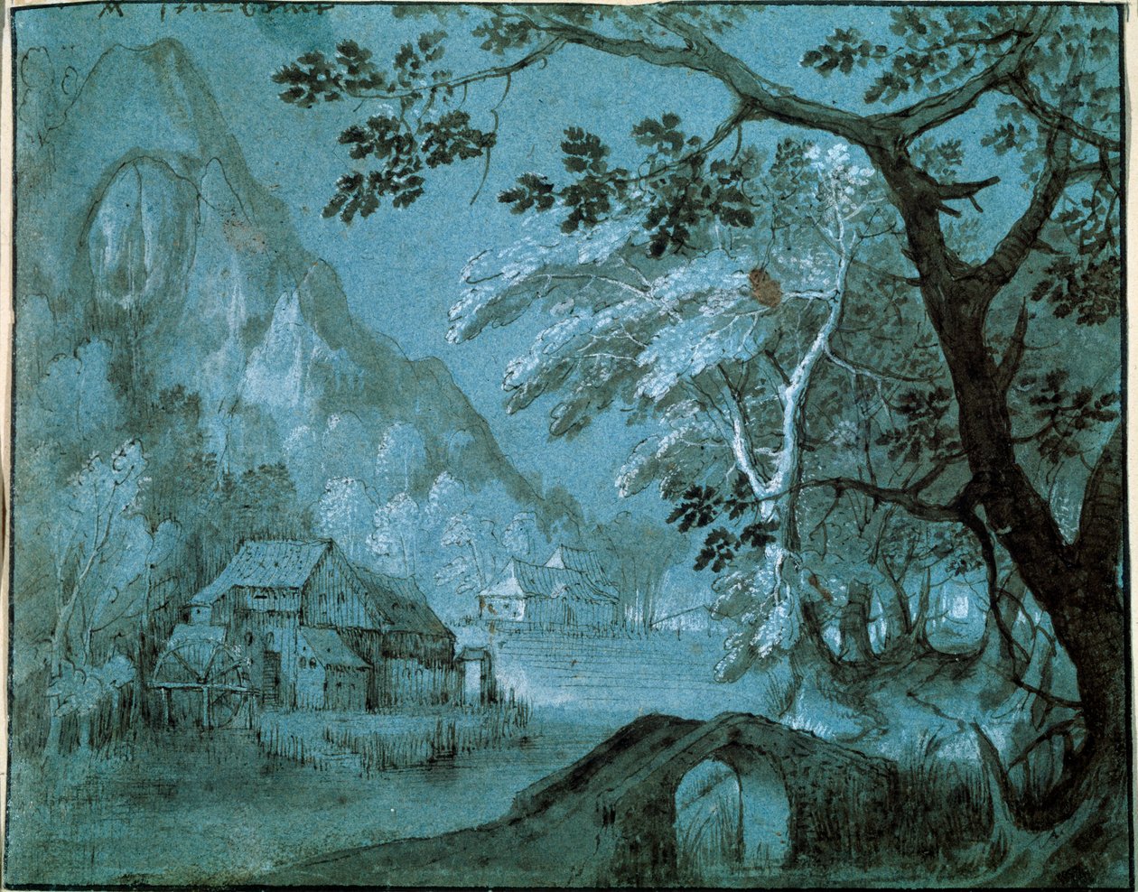 Krajina s mlýnem u horského jezera, c1610-c1620s od Adriaen van Stalbemt