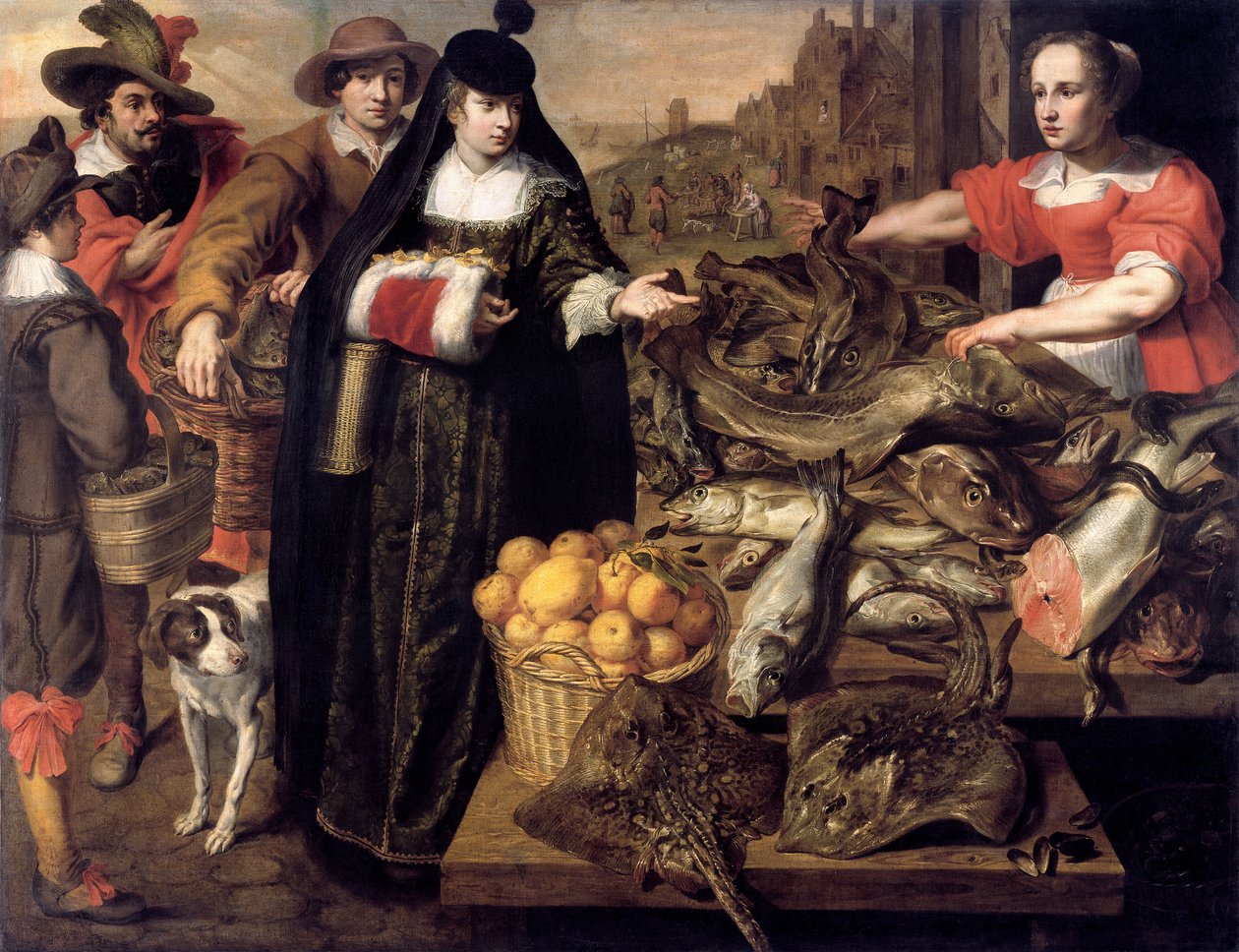 Dáma na rybím trhu v Antverpách, 1630-1640. od Adriaen van Utrecht
