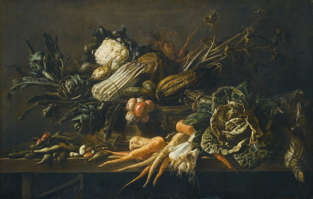 Zátiší s artyčoky, chřestem, zelím, cibulí, fazolemi, mrkví a další zeleninou, vše na dřevěné lavici od Adriaen van Utrecht