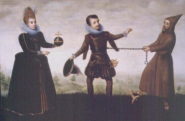 Satira o tom, že se arcivévoda Albert Zbožný vzdal svého arcibiskupství v Toledu, aby se v roce 1598 oženil s infantkou Isabellou Clarou Eugenií od Adriaen van de (workshop of) Venne