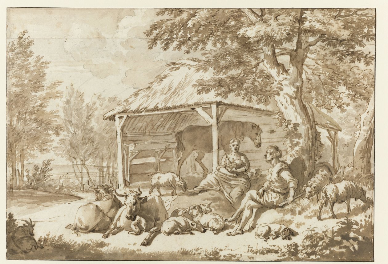 Pastýřský pár s dobytkem poblíž kůlny Herdersidylle od Adriaen van de Velde