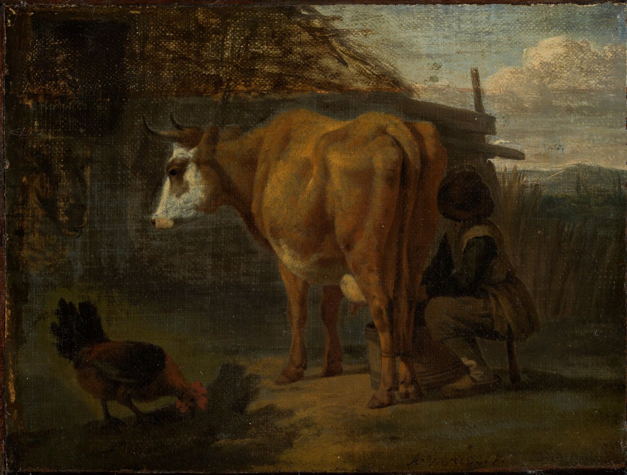 Hnědá kráva, kterou dojil pastýř od Adriaen van de Velde