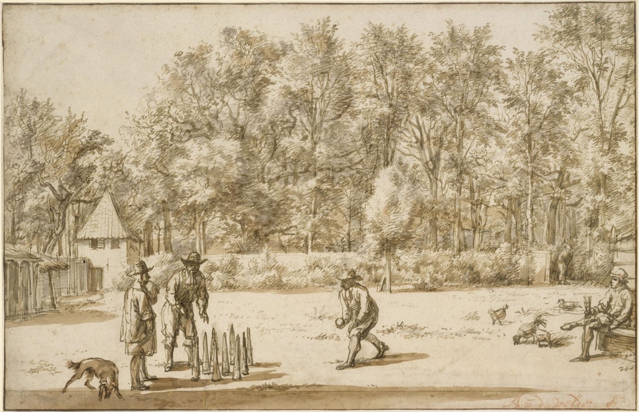 Tři muži hrající kuželky od Adriaen van de Velde