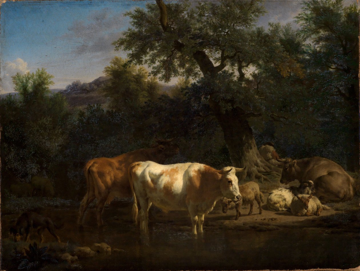 Skot a ovce u lesního potoka od Adriaen van de Velde