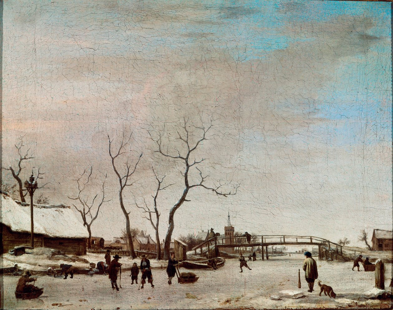 Riviere Gelee s bruslaři Malba Adriaena Van de Velde le jeune (1636-1672) 1668 Rozm. 23x30 cm Paříž, Musée du Louvre od Adriaen van de Velde