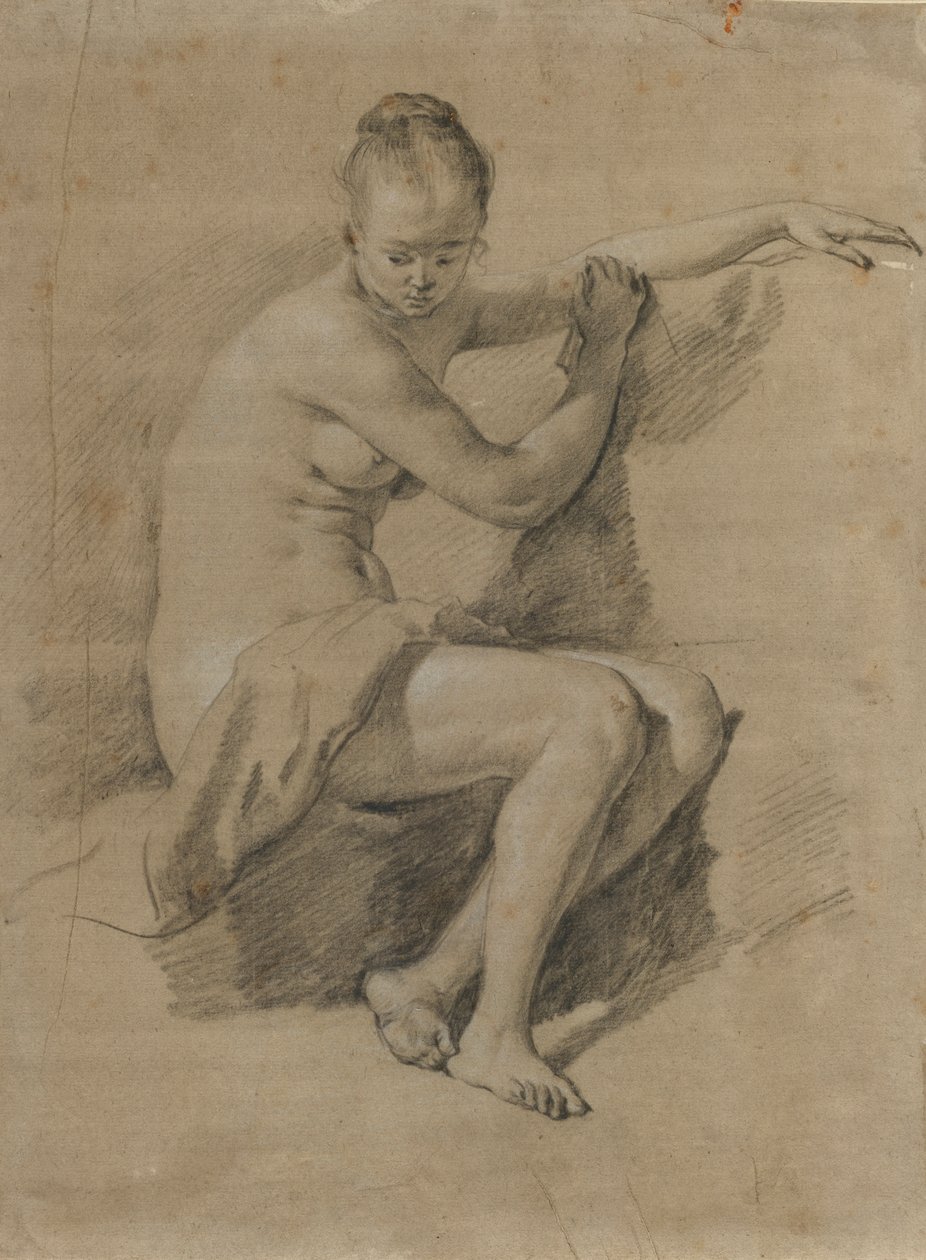 Sedící ženský akt, cca 1660-70 (černobílá kresba křídou) od Adriaen van de Velde