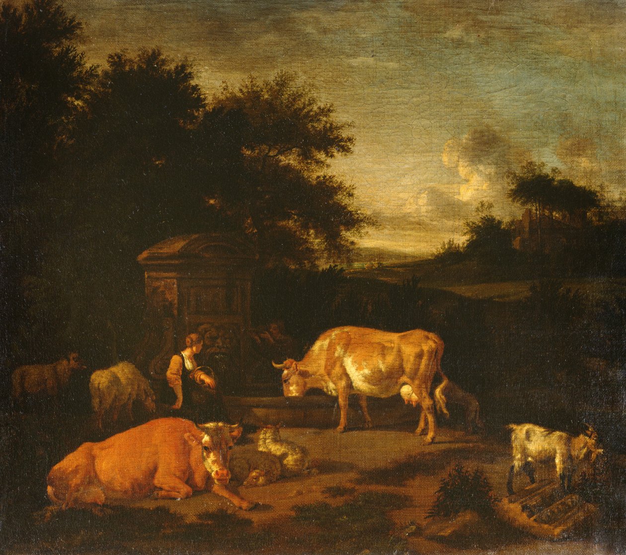 Pastýřka a drover se svými hejny u klasické fontány v zalesněné krajině od Adriaen van de Velde