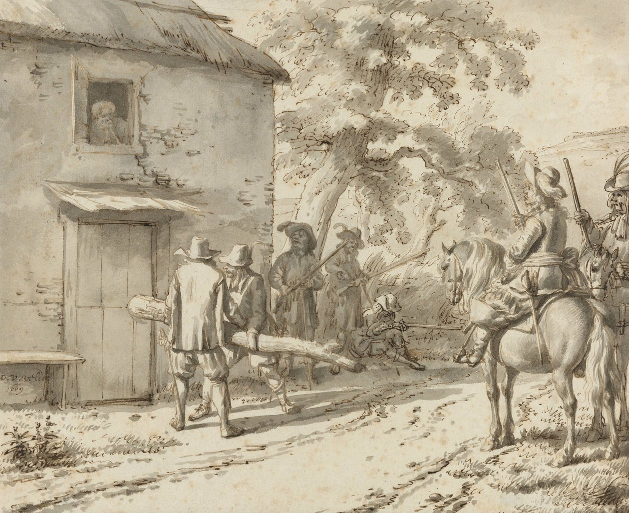 Vojáci vynutí dveře, 1669 (kresba perem a tuší) od Adriaen van de Velde
