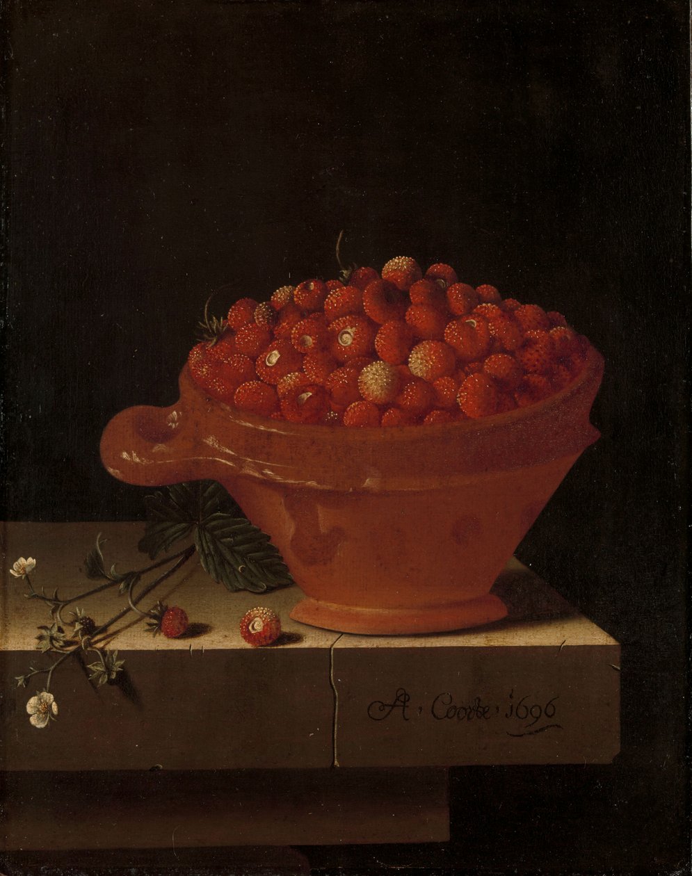 Mísa jahod na kamenném podstavci, 1696 od Adrian Coorte