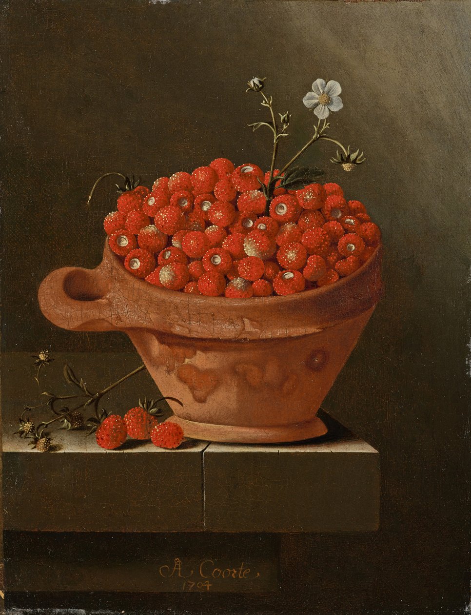 Zátiší s jahodami v hliněném hrnci, 1704 od Adrian Coorte