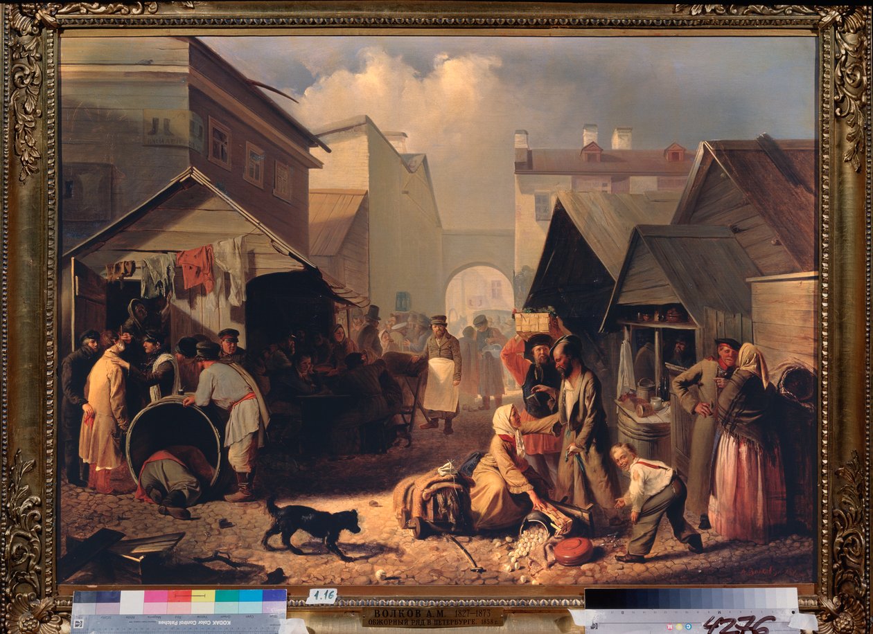 Buvette a Saint Petersburg (stánek s občerstvením v Petrohradě) - obraz Adriana Markoviče Volkova (1827-1873), olej na plátně od Adrian Markovich Volkov