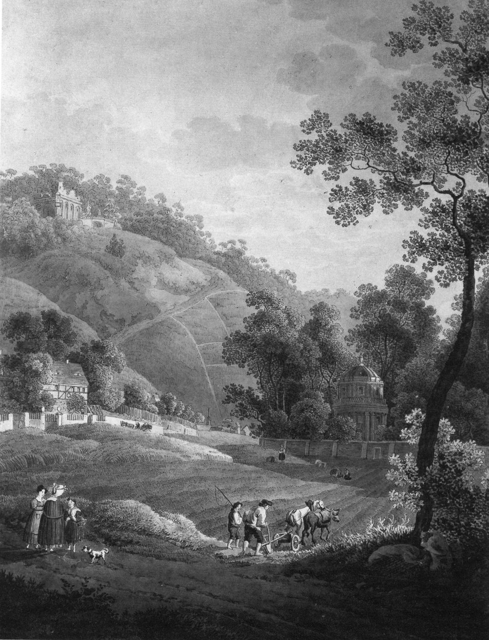 Pohled na hrad Pillnitz se zahradou a umělou zříceninou, kolem roku 1792 od Adrian Zingg
