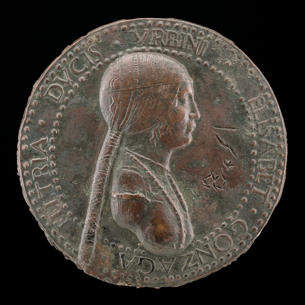 Elisabetta Gonzaga, zemřela 1528, vévodkyně z Urbina, manželka Guidobalda I 1489 [obv], pravděpodobně po 15. od Adriano Fiorentino