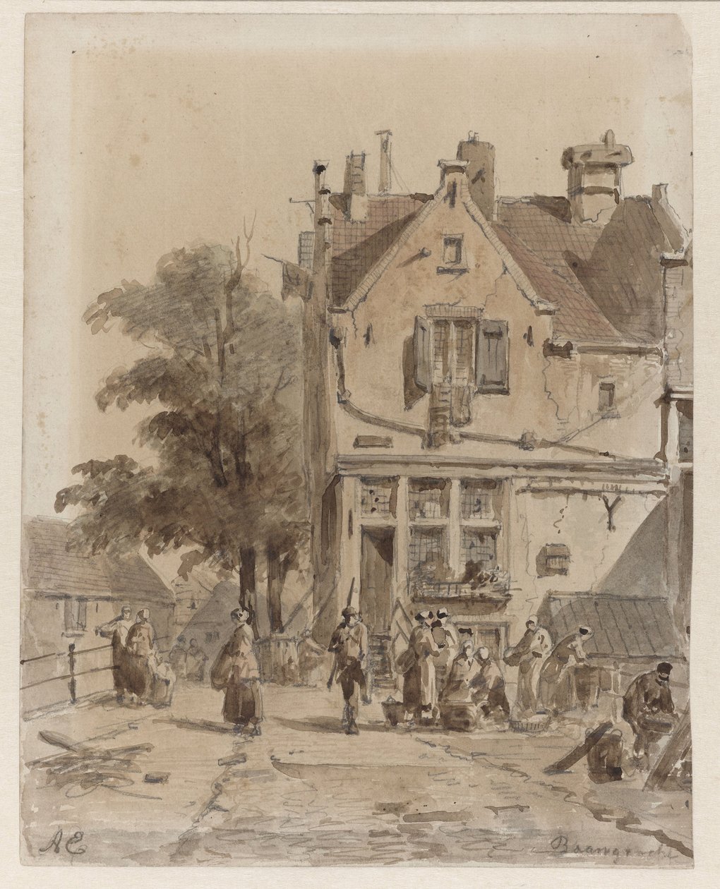 Pohled na most přes Baangracht v Amsterdamu s prodejci potravin Baangracht (název na objektu) od Adrianus Eversen