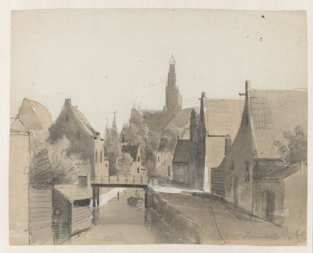 Pohled na kanál v Haarlemu, v pozadí St. Bavo Haarlem (název na objektu) od Adrianus Eversen