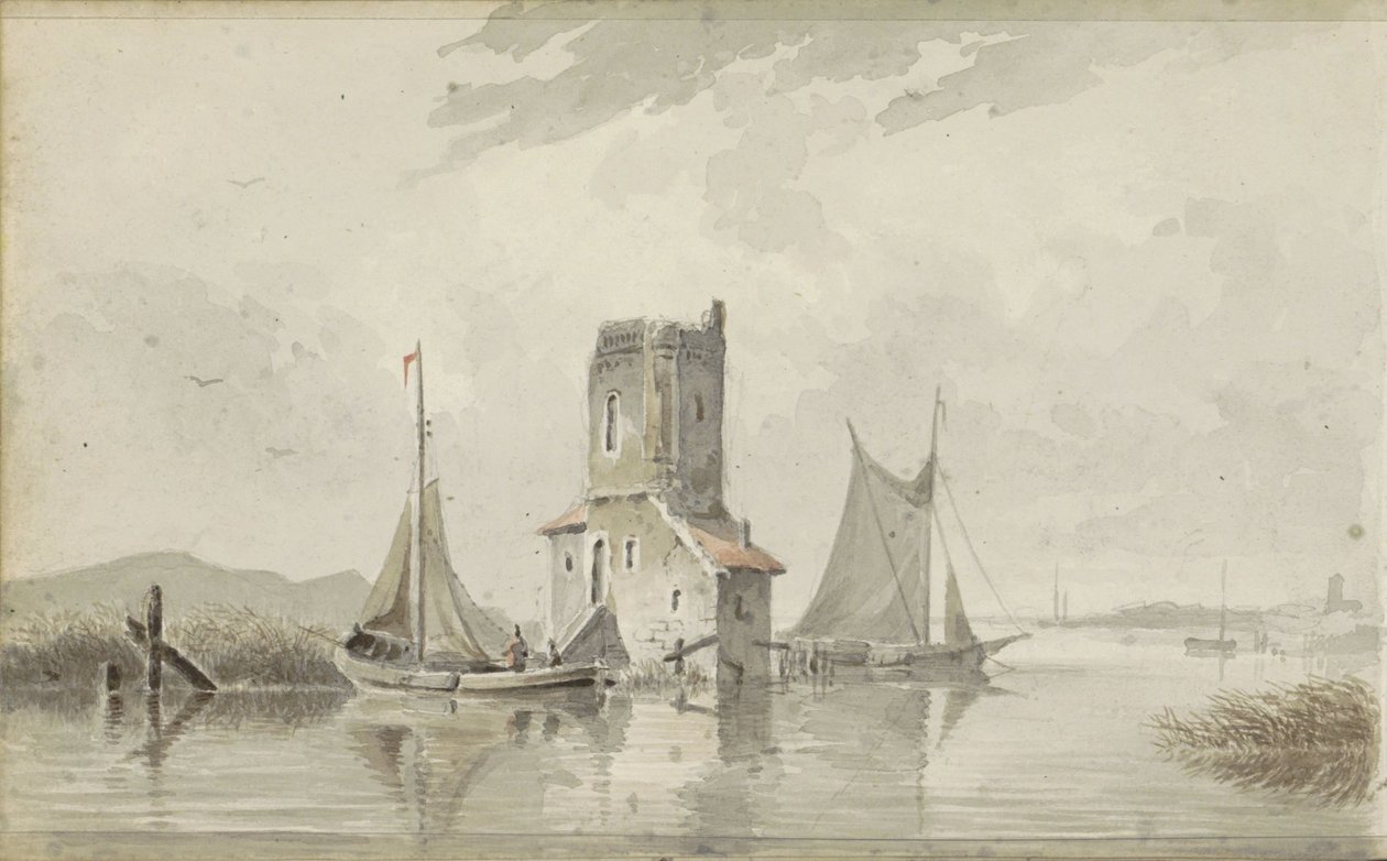 Říční krajina s věží od Adrianus Eversen