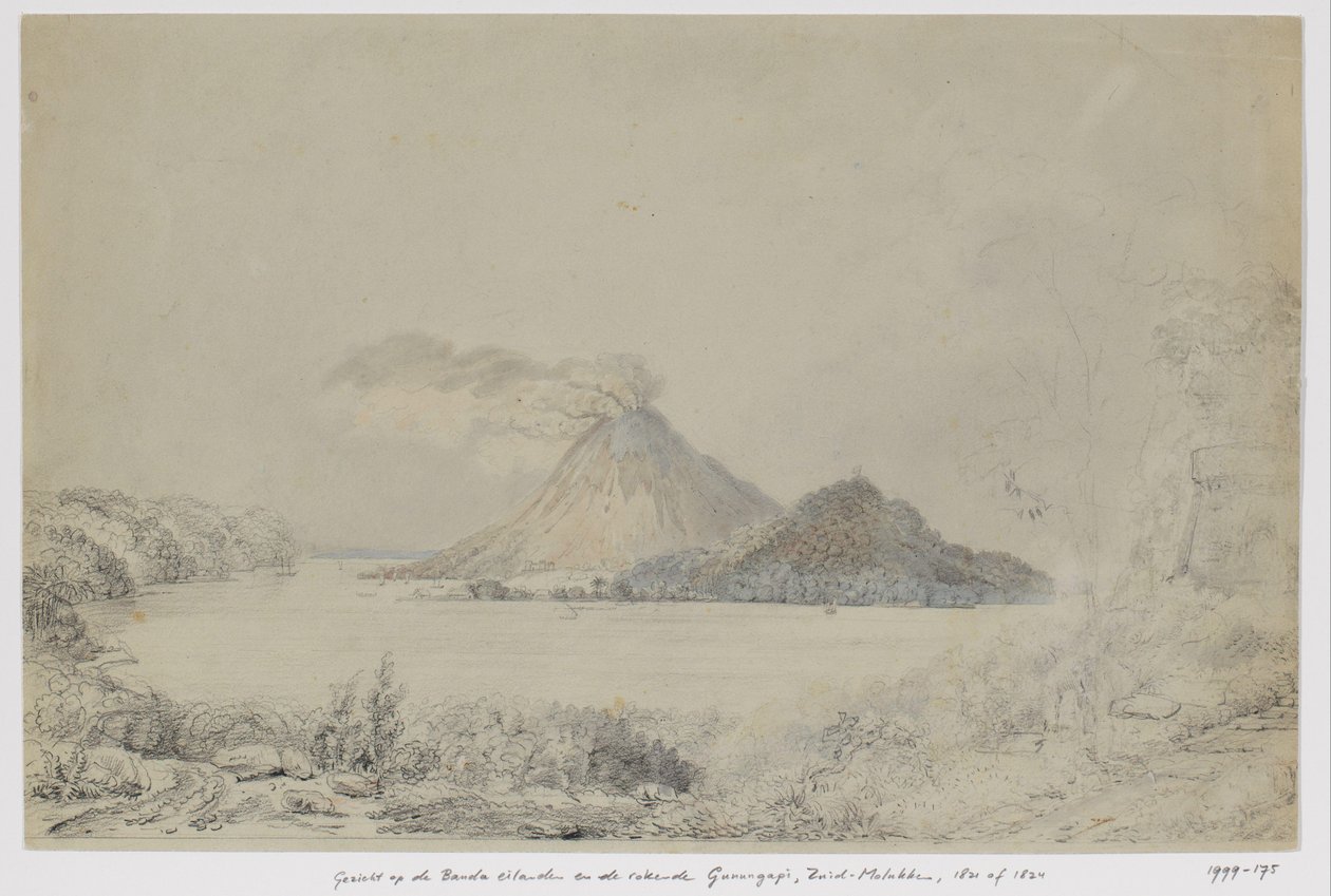 Pohled z Lontaru na Banda Neira a kouřící Gunungapi, Banda Islands, Central Maluku od Adrianus Johannes Bik