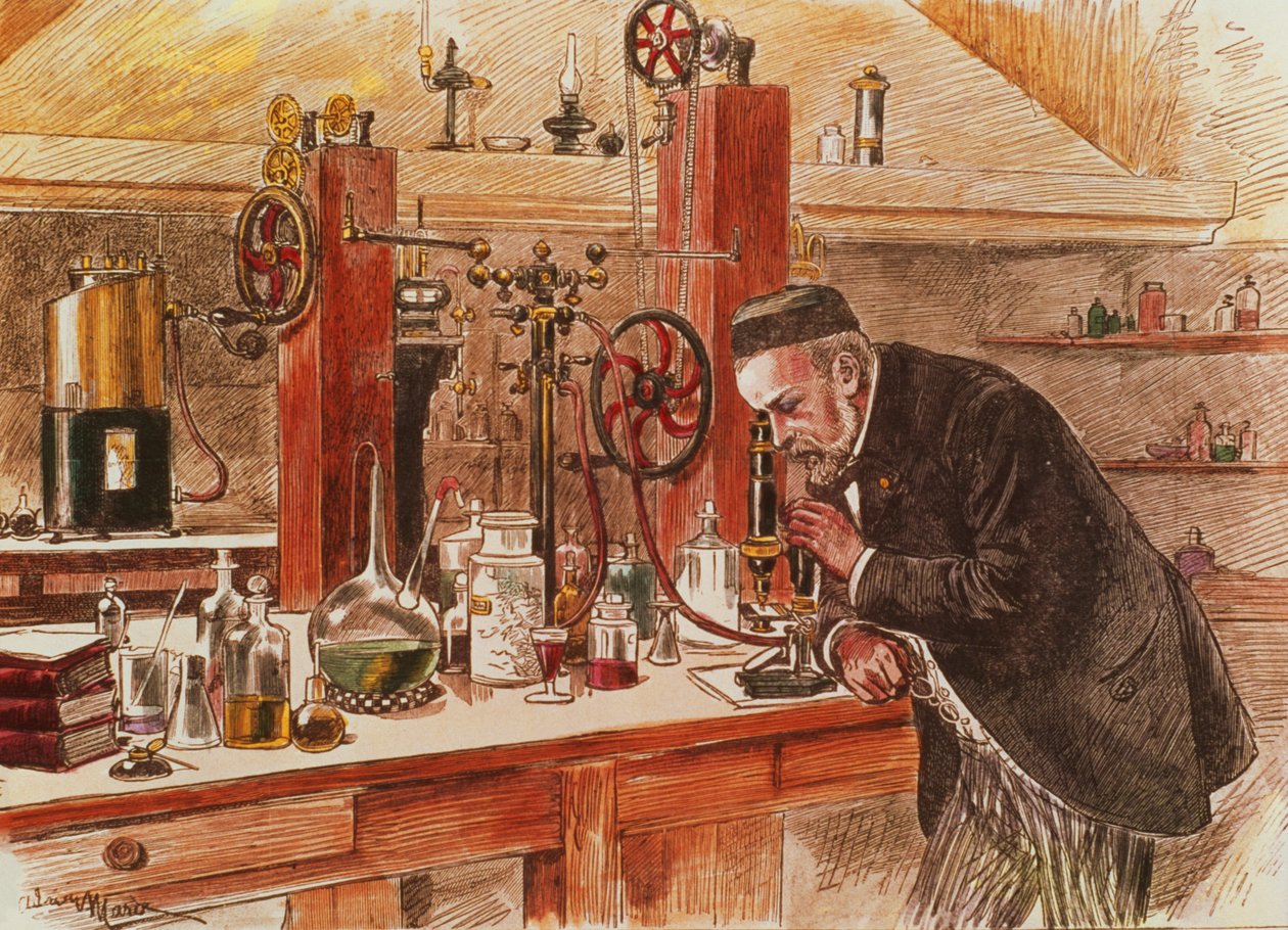 Louis Pasteur experimentuje ve své laboratoři při léčbě hydrofobie, cca 1885, publikováno cca 1895 (tisk) od Adrien Emmanuel Marie