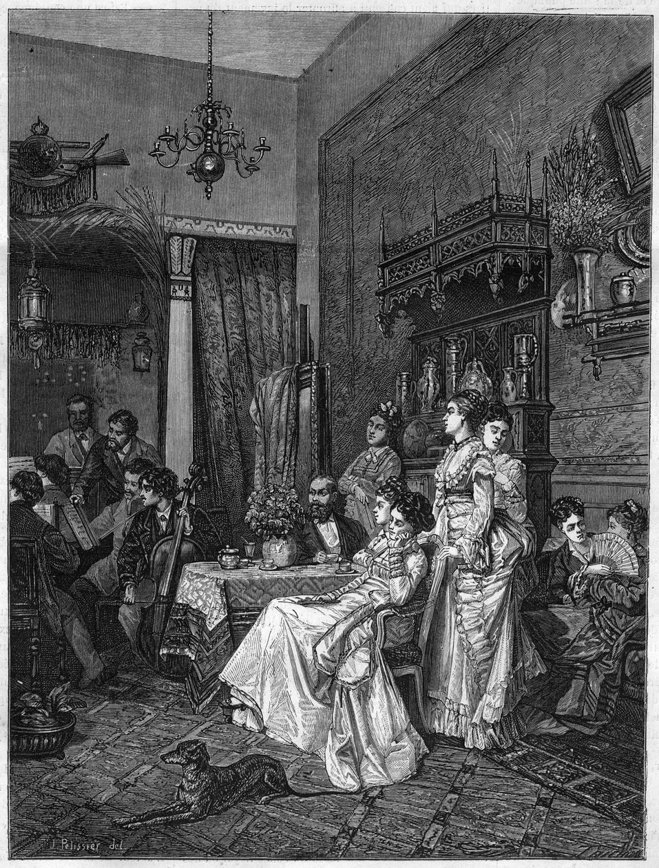 Amatérský koncert v umělcově studiu. Rytina podle obrazu Adriena Moreaua (1843-1906) v „The Illustrous Universe““ od Adrien (after) Moreau