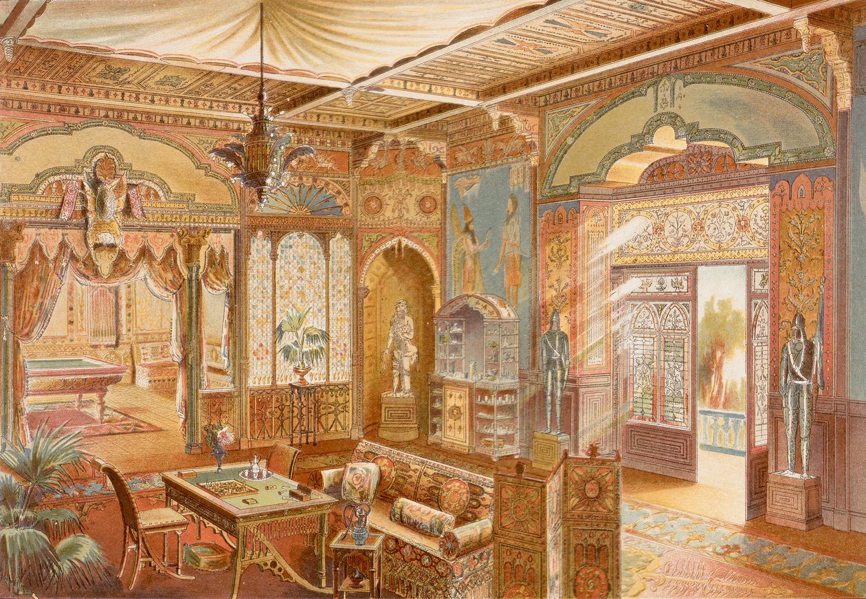 Herna v asyrském stylu, ilustrace z „La Decoration Interieure“ vydané kolem roku 1893-94 (barevné lito) od Adrien (after) Simoneton