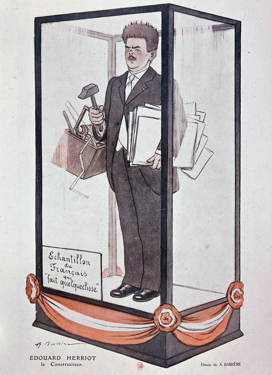 Cartoon od Barrère o Herriotovi ve Fantasiu: „“ Edouard Herriot: stavitel „“ Ukázka Francouze, který něco dělá““. od Adrien Barrere