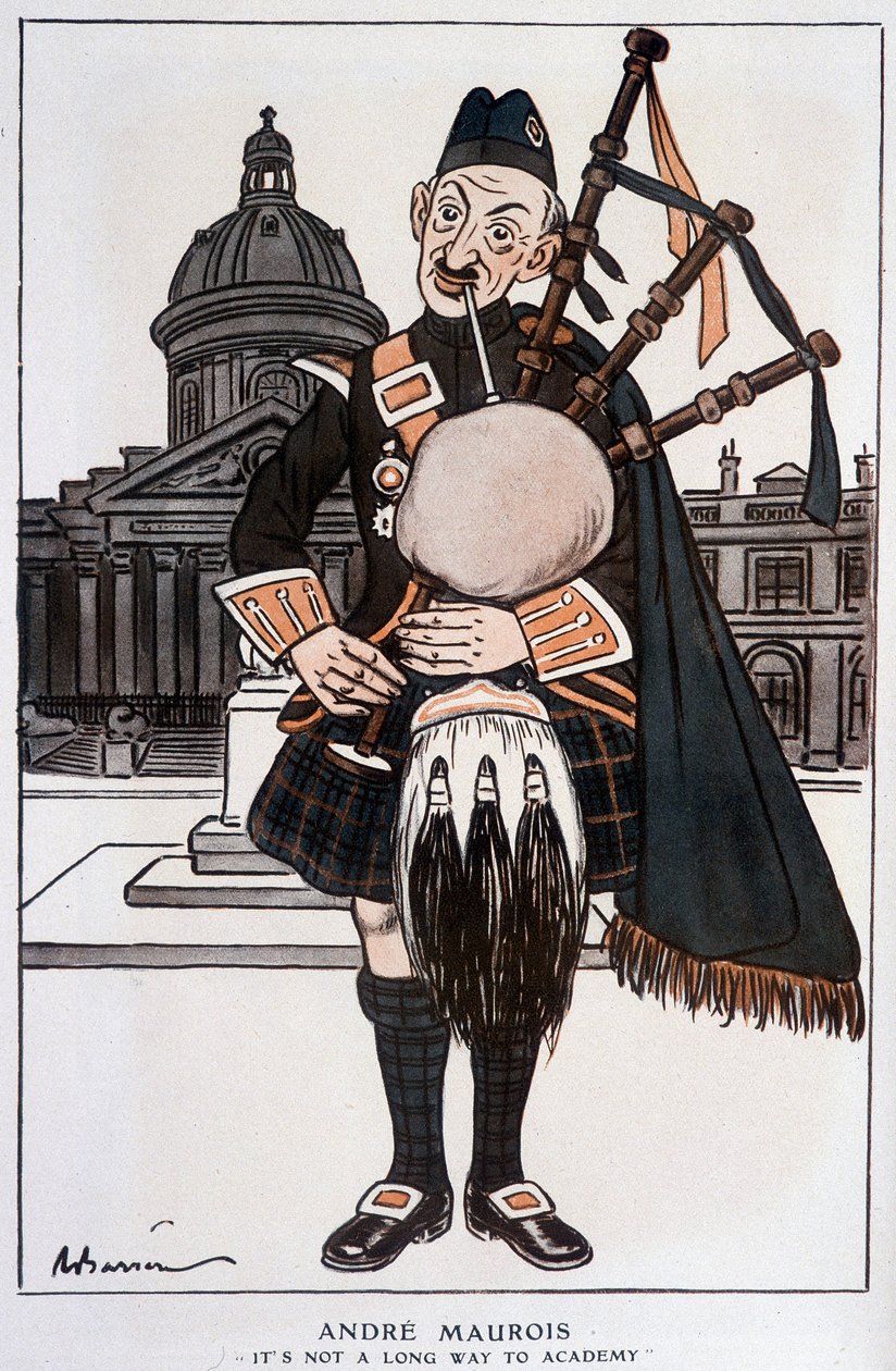Cartoon in academician od André Mauroise (pseudonym Emile Herzog), francouzského romanopisce, esejisty a historika (1885-1967) - od Barrère, ve „“Fantasio””” z 15.4.1929 od Adrien Barrere