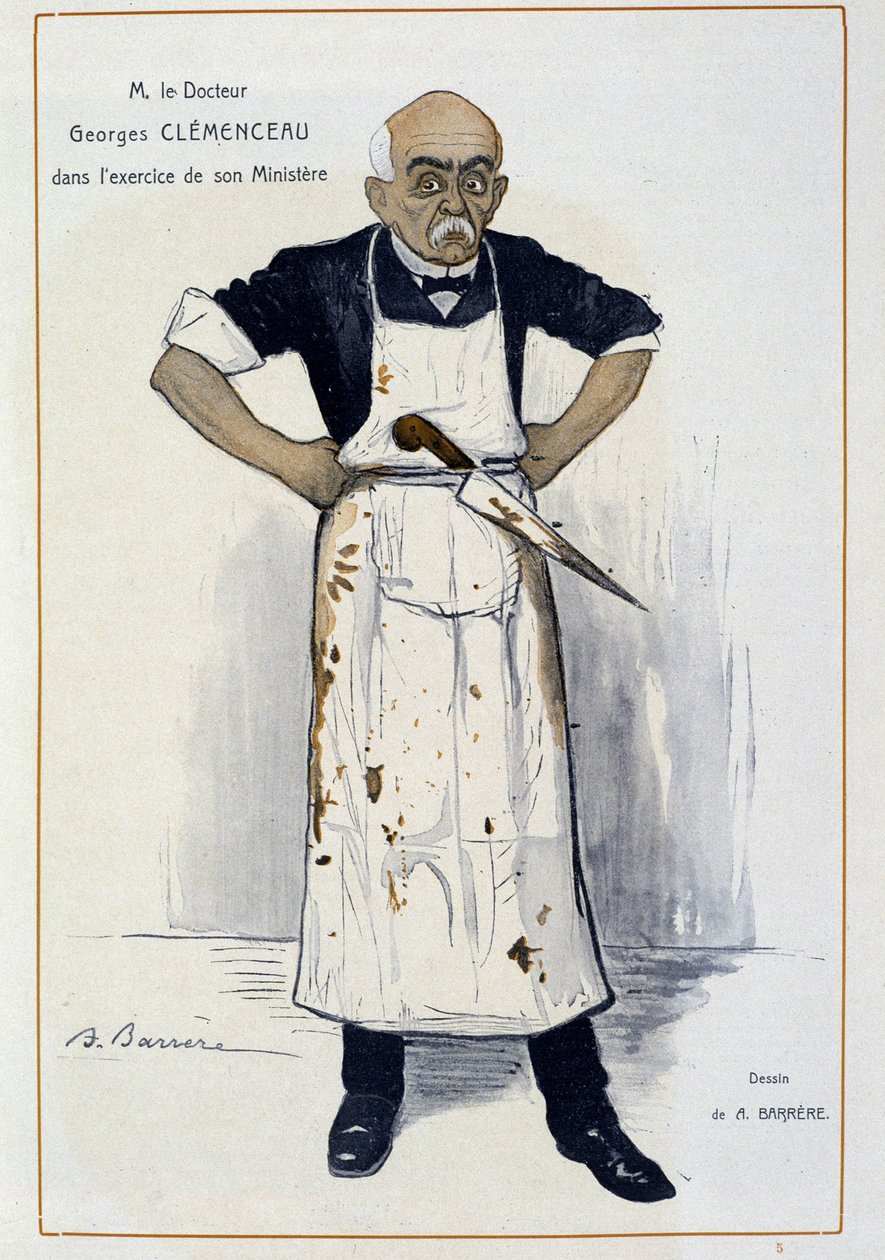 Clémenceau jako řezník - od Barrère, ve „“Fantasio““ z 1.10.1906 od Adrien Barrere