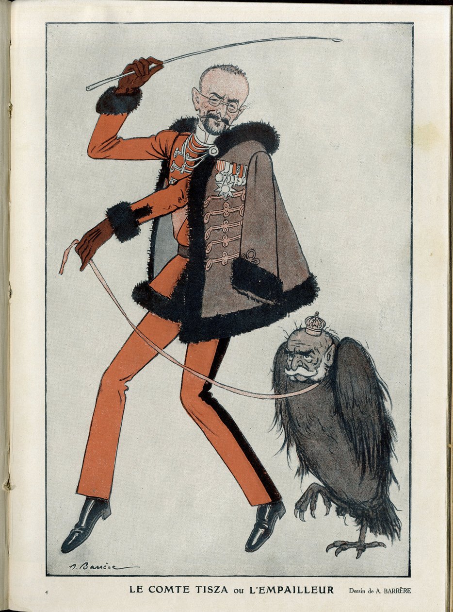 Ilustrace A Barrere (1874-1931) ve „“ Fantasio “, 1. 4. 15 - Hrabě Tisza nebo ucpaný - Válka 14-18, Rakousko, Maďarsko - Orel, Francois-Joseph 1. Rakouska, Tisza Istvan - Animace od Adrien Barrere