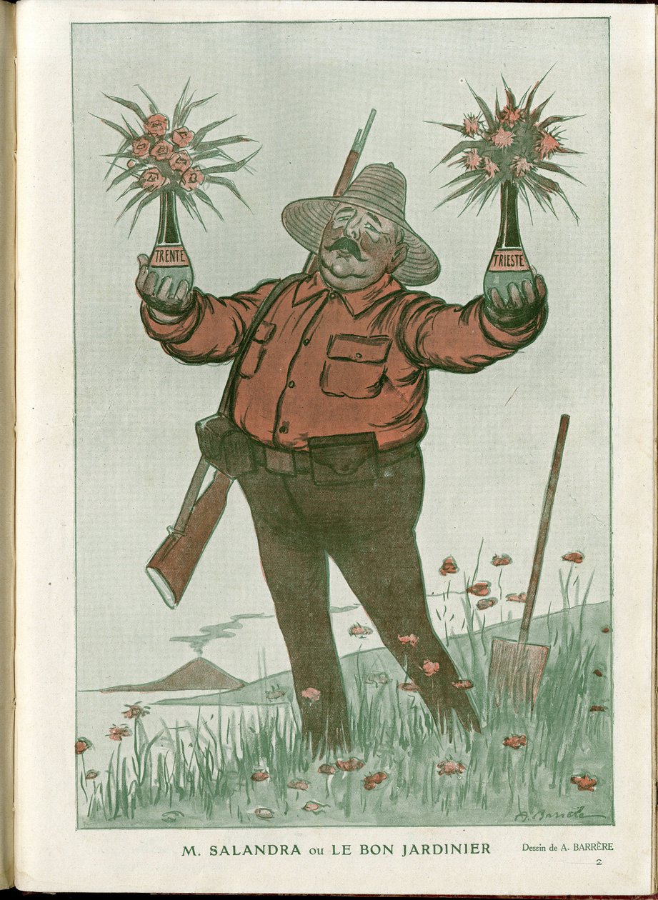 Ilustrace A Barrere (1874-1931) v časopise "Fantasio", 15. 6. 2015 - Pan Salandra aneb Dobrý zahradník - Válka 14-18, Itálie, víno, neutralita, květiny, sopečné erupce, předseda Rady, Terst - Salandra Antonio od Adrien Barrere