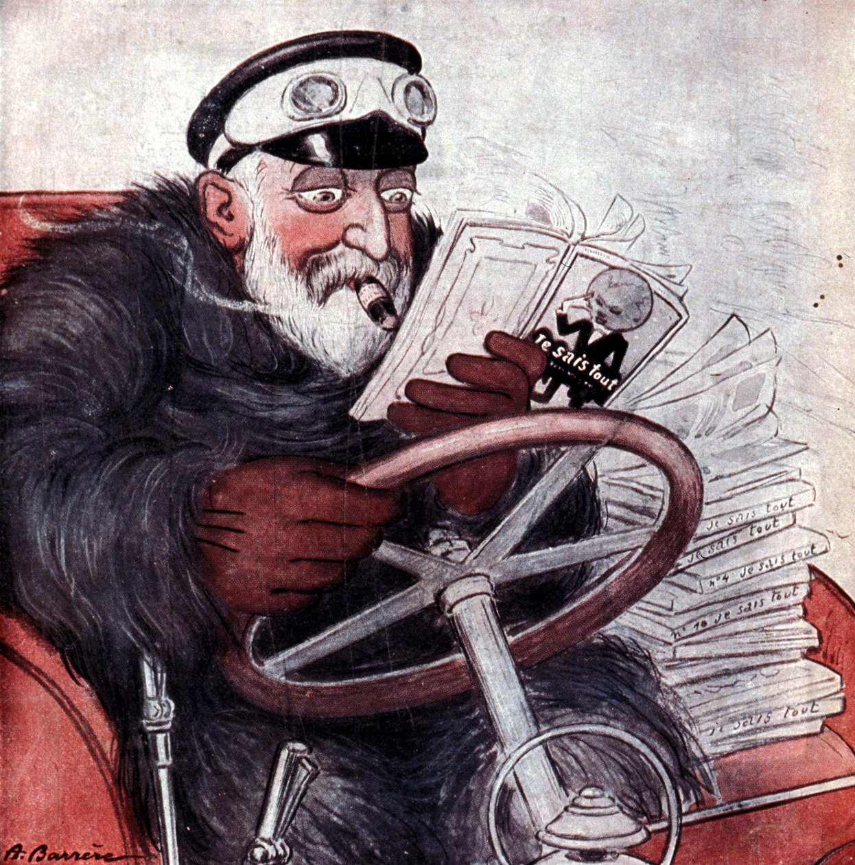 Portrét anglického krále Edwarda VII. (1841 - 1910) jedoucího v autě. Kresba A. Barrère. "Vím vše." od Adrien Barrere