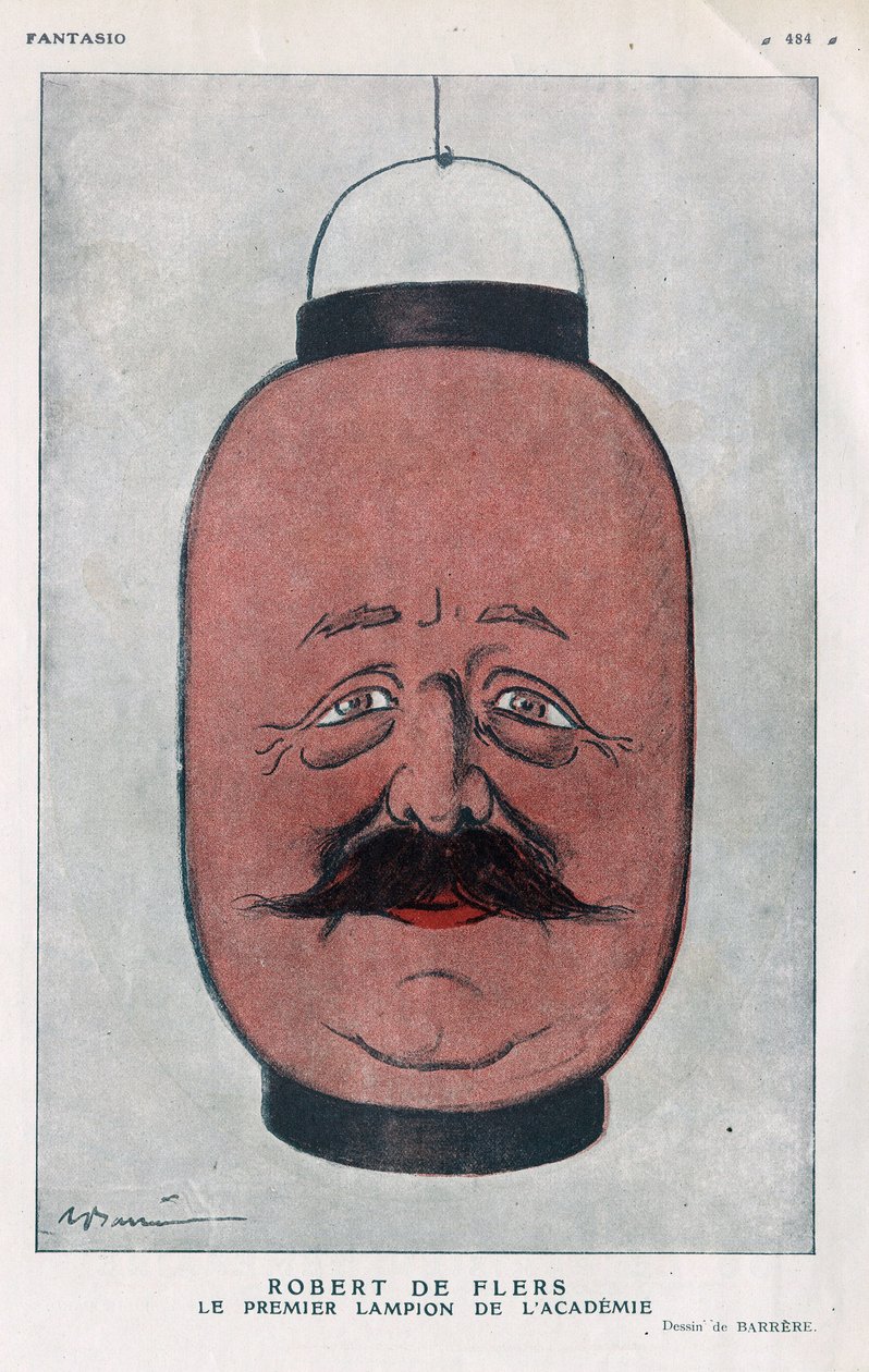 Robert Pelleve de La Motte-Ango (Motte Ango), markýz de Flers, francouzský dramatik (1872-1927). (První lucerna akademie). Cartoon od Barrere ve „“Fantasio““ z června 1921. od Adrien Barrere