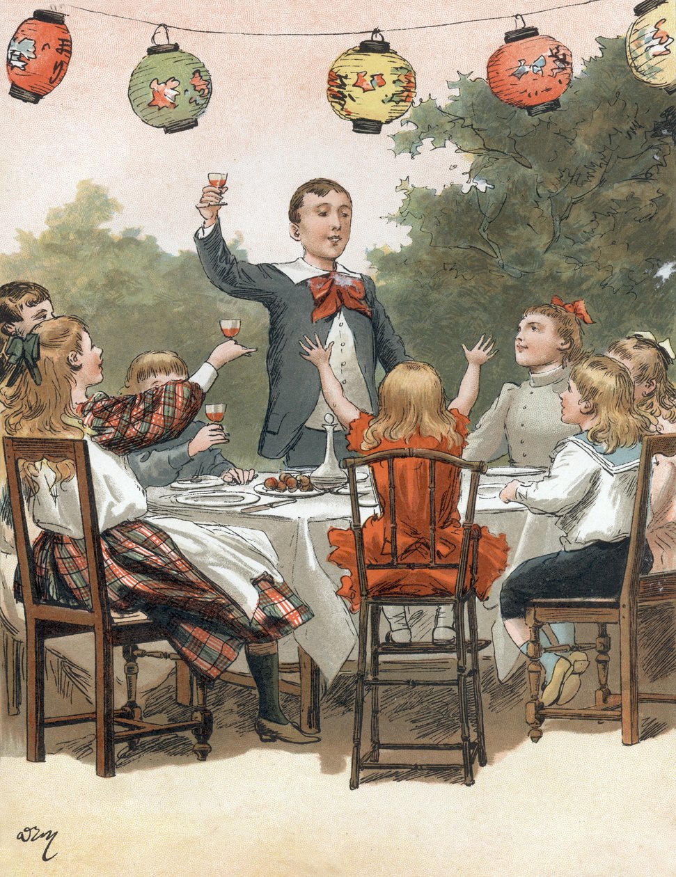 Mladý chlapec pronáší řeč, děti cinkají sklenicí, ilustrace Adriena Marie v knize Tout a la joie od Zari, publikace Emile Guerin z roku 1890 od Adrien Emmanuel Marie